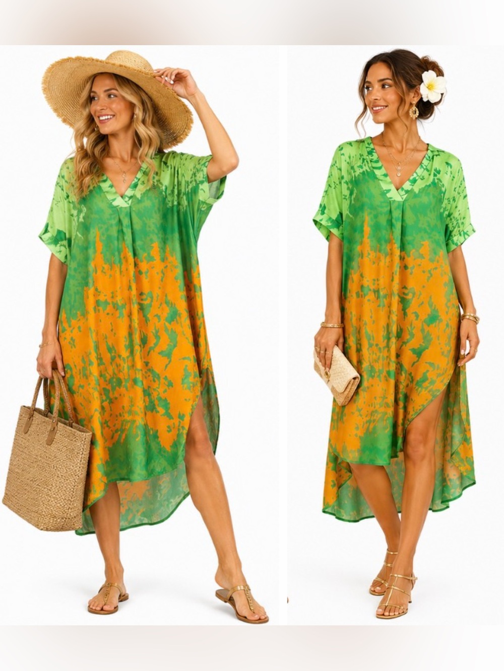 Jaki London Viscose silk resort lounge Green Orange vibrant Dress One Size S XL